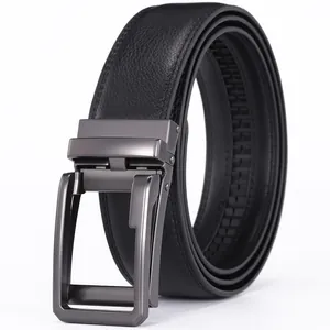 Detail of black lychee leather belt with gunmetal alloy automatic buckle and stitching