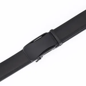 Classic black leather men's business belt with matte black automatic buckle closure