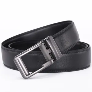 Men's black leather business belt with textured finish and metal automatic buckle