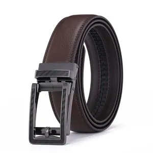Cinturón de cuero marrón oscuro para hombre con patrón de lichi y hebilla de metal premium
