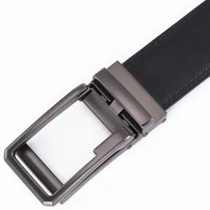 Close-up of black leather belt with gunmetal alloy automatic buckle and fine stitching