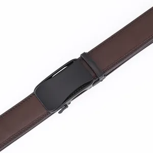 Business casual brown leather belt for men with a sleek matte black automatic buckle