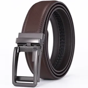 Close-up of brown leather belt featuring a gunmetal alloy automatic ratchet buckle