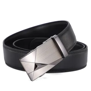 Classic black leather belt with modern geometric automatic buckle and brushed metal finish