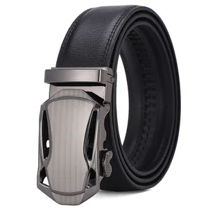 Men's black leather business belt with textured finish and automatic gunmetal buckle