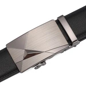 Men's automatic buckle leather belt with brushed gunmetal geometric buckle and litchi texture