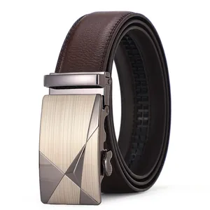Men's dark brown leather belt with a brushed metal automatic buckle on a white background