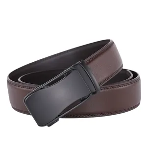 Men's business casual dark brown leather ratchet belt with a matte black automatic buckle