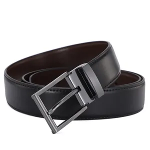 Classic men's reversible leather belt with grey pin buckle and dual-color strap