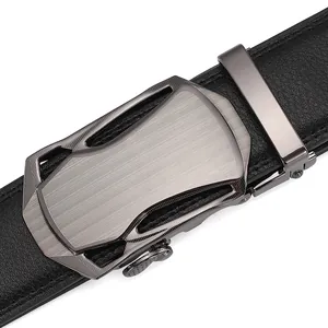 Men's automatic leather belt with brushed gunmetal buckle and premium lychee texture