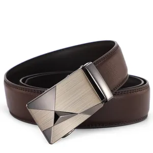 Men's dark brown leather belt with automatic buckle and lychee texture on white background
