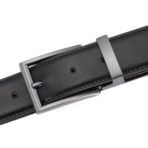 Men's black leather belt with classic pin buckle and brushed metal finish