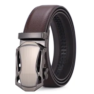 Men's dark brown leather belt with sports car style automatic buckle on white background