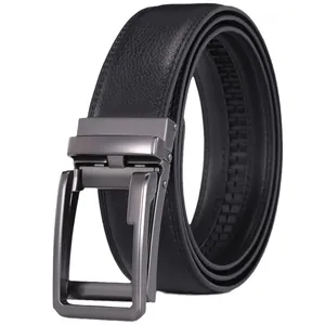 Classic black leather men belt with alloy automatic buckle and lychee texture finish