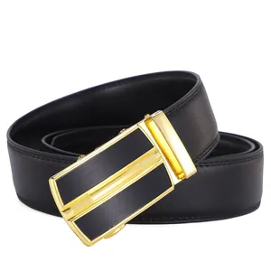 Men's black leather belt with a luxury gold automatic buckle for business attire