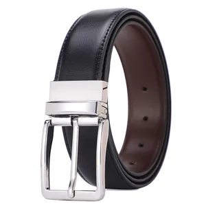 Cintura da uomo in pelle con fibbia argento lucido e design reversibile nero e marrone