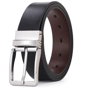 Cintura da uomo in pelle reversibile nero e marrone con fibbia ad ardiglione argento