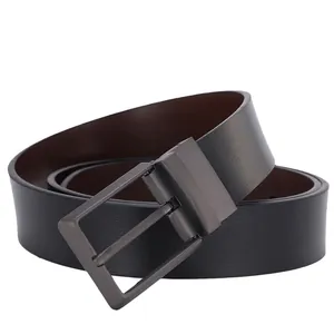 Men's double-sided black and brown leather belt with matte grey metal pin buckle