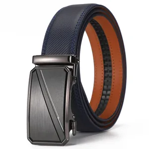 Detail of blue carbon fiber texture leather belt with brushed gunmetal automatic buckle