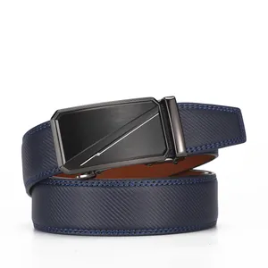 Close-up of navy blue leather belt with textured diagonal patterns and black alloy buckle