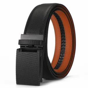 Split Leather Men Automatic Buckle Belt Business Casual Embossed Geometric Pattern Waistband For Office Everyday Fashion