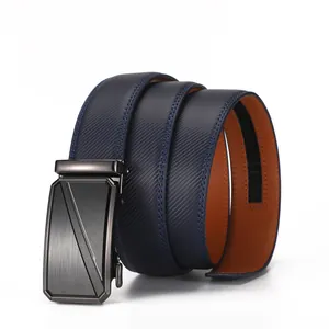 Detail of gunmetal automatic buckle with brushed finish and blue textured leather strap
