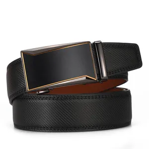 Detail of black leather belt featuring textured strap and matte black buckle with gold accents