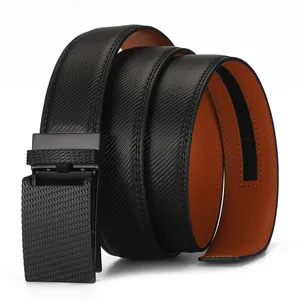 Men's business automatic belt with black lattice texture and brown leather inner side