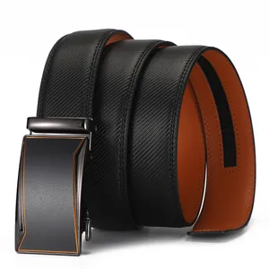 Men's leather belt with black twill texture, orange lining, and gunmetal automatic buckle