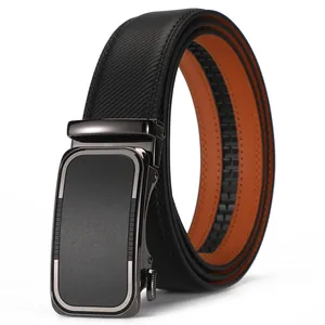 Detail of men's leather belt with cross-pattern texture and gunmetal automatic buckle