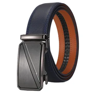 Blue leather belt with black automatic alloy buckle and textured finish for men