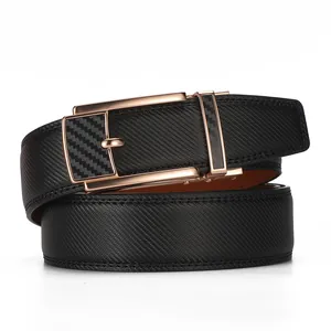 Men's black leather belt with rose gold automatic buckle and carbon fiber detail