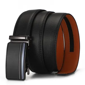 Close-up of men's leather belt featuring a dark gray automatic buckle and textured strap