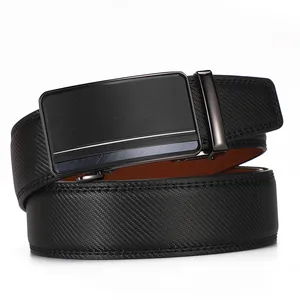 Detail of men's leather belt with matte black automatic buckle and silver accent