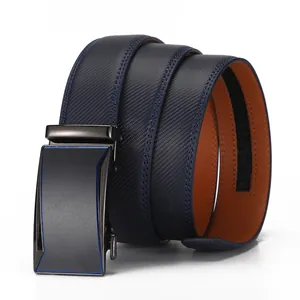 Detail of navy blue cross-grain leather belt with a gunmetal matte automatic buckle