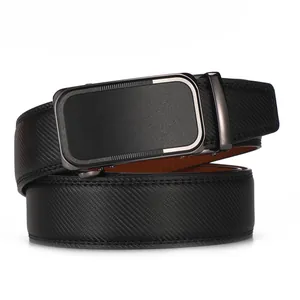 Macro detail of men's black leather belt with automatic buckle and twill texture