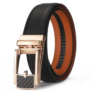 Macro detail of men's leather belt showing golden ratchet buckle and carbon fiber texture