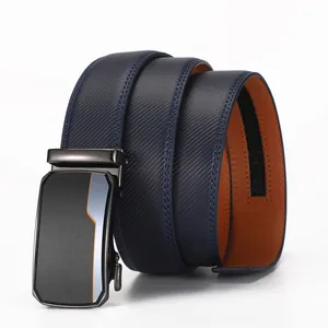 Ceinture pour homme en cuir bleu marine avec doublure orange et boucle automatique