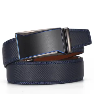 Men's navy blue leather belt featuring a black alloy automatic buckle with blue accents