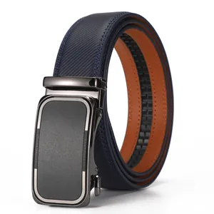 Detail of blue men's leather belt with gunmetal automatic buckle and textured strap