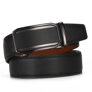 Detail of men's leather belt with cross texture strap and auto-lock metal buckle