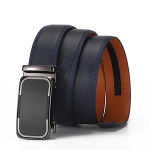 Navy blue men's genuine leather belt with automatic black metal buckle for business casual