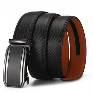 Men's automatic buckle leather belt with black carbon fiber texture and orange lining