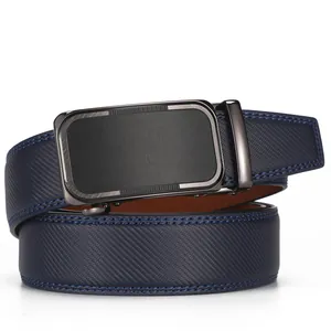 Navy blue men's genuine leather belt with a textured strap and grey metal automatic buckle