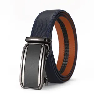Detailed view of navy blue leather belt showing the auto-buckle and inner ratchet track