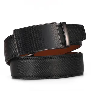Men's leather automatic belt with carbon fiber texture buckle and black woven strap