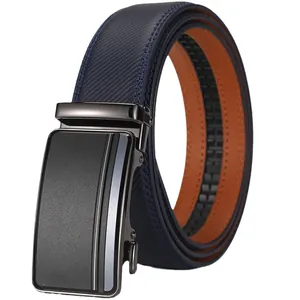 Men's blue leather belt with textured strap and gunmetal automatic sliding buckle