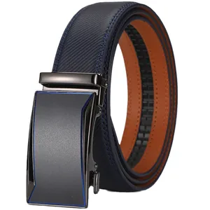 Men's navy blue leather belt with textured strap and metallic automatic buckle detail