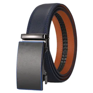 Ceinture homme en cuir bleu marine haut de gamme avec boucle automatique en métal brossé