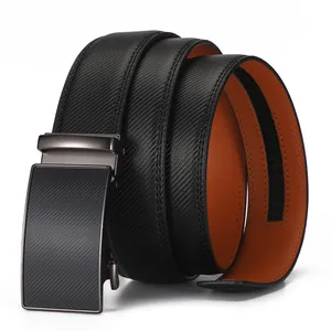 Men's cowhide leather automatic belt with carbon fiber texture and orange inner lining